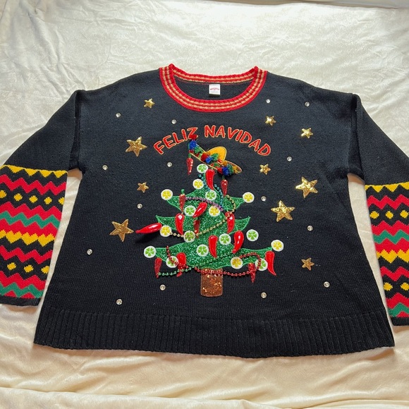 Festive Navidad Sz Large Black Christmas Sweater with Colorful Tree Design - Picture 2 of 8